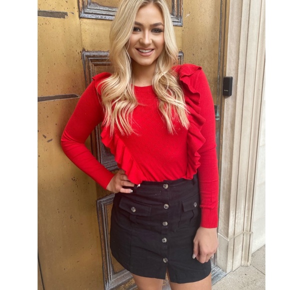 Ruffle Pointelle Knit Sweater Red - Picture 4 of 10